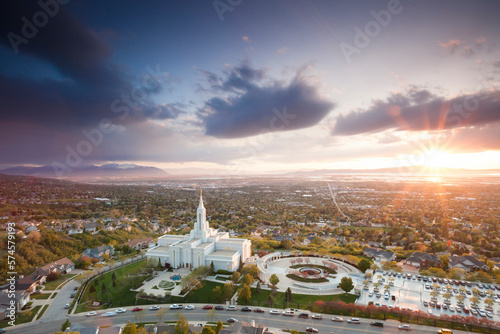 The Mormon (LDS) Temple in Bountiful Utah sits above the Great Salt Lake at dusk. photo