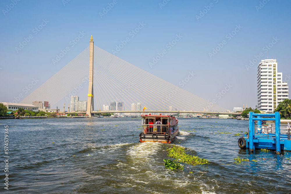 View at the Rama VIII bridge over Chao Phraya river in Bangkok, Thailand