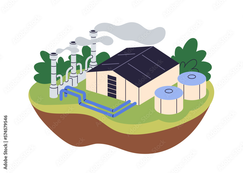 Geothermal power plant for electricity energy generation. Electric generating industry. Industrial building, station with pipes, towers. Flat vector illustration isolated on white background