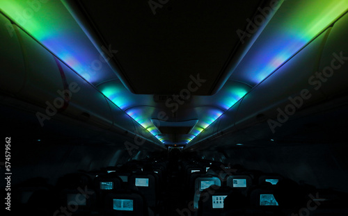 Interior of an Icelandic plane with Aurora Borealis lights decor photo