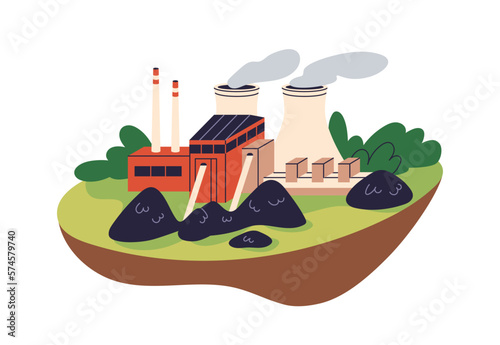 Coal-fired plant for electricity generation. Electric industry factory, generating energy, power from fossils. Industrial building with smoke. Flat vector illustration isolated on white background