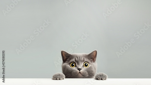 A cute cat peering over a table with large empty background. generative ai photo