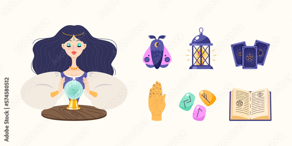 Magic and fortune telling set. Cartoon illustrations of a beautiful girl reading the future by seeing crystal ball and a collection of magic accessories. Vector 10 EPS.