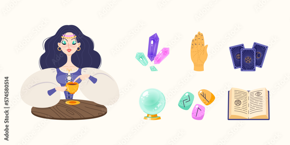 Magic and fortune telling set. Cartoon illustration of a beautiful girl telling the future using coffee grounds and a collection of magic accessories. Vector 10 EPS.