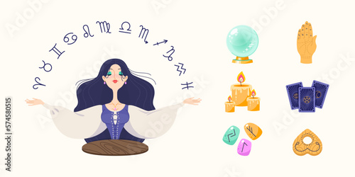 
Magic and fortune telling set. Cartoon illustration of a beautiful girl with raising hands telling the future by seeing zodiac signs and a collection of magic accessories. Vector 10 EPS.