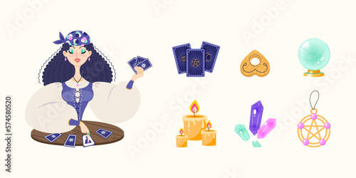 Fototapeta Naklejka Na Ścianę i Meble -  Magic and fortune telling set. Cartoon illustrations of a beautiful girl reading the future by seeing cards and a collection of magic accessories. Vector 10 EPS.