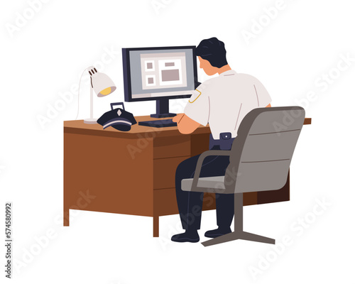 Police officer sitting at computer desk in office. Policeman cop in uniform works in chair at table at crime investigation department, bureau. Flat vector illustration isolated on white background