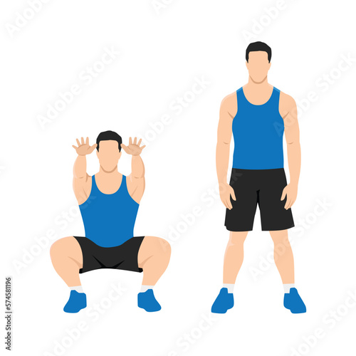 Man doing air squat in 2 steps in front view. Flat vector illustration isolated on white background