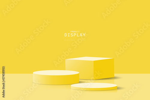 Clean 3D room with realistic yellow 3d cylinder podium and cube or product stand. 3d vector rendering. product presentation podium. design for advertise product.