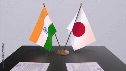 Japan and India national flags. Partnership deal 3D illustration, politics and business agreement cooperation