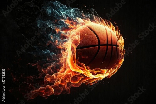 Flaming basketball in mid-air on dark background. Generative AI © Kanisorn