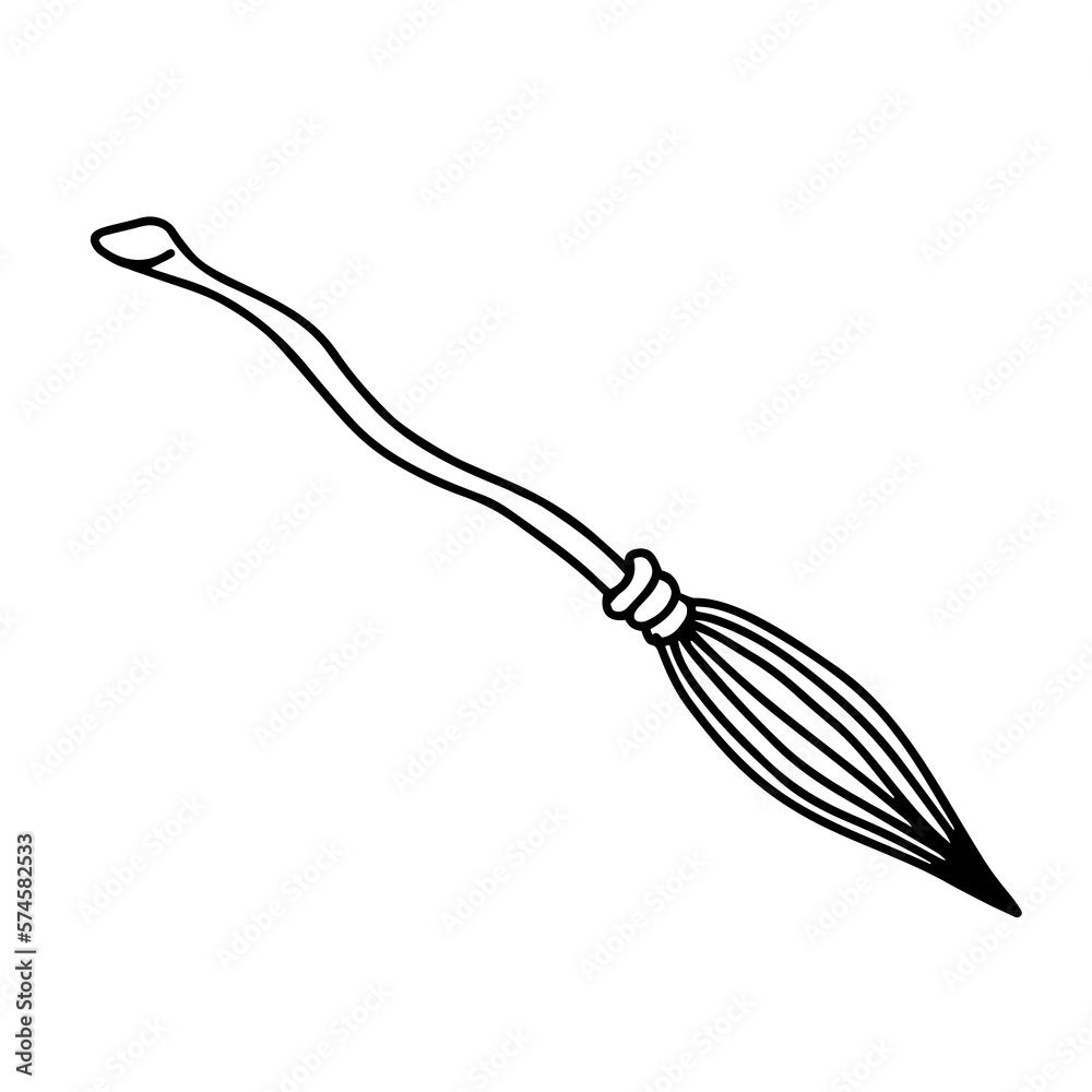 Fototapeta premium Cartoon witch broom. Halloween magic broom. Vector illustration in cartoon doodle style isolated on white background.