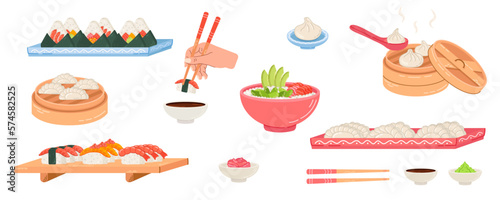 Big set of illustrations with asian food, sushi set, nigiri on a plate, dumpling dish, bowl. Hand drawn japanese food elements for menu, banners, posters, stickers.