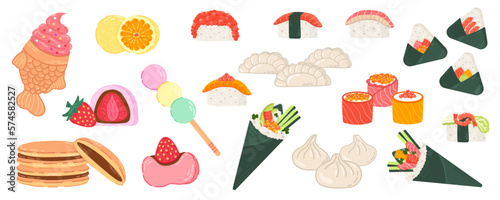 Big set of Japanese food. Hand drawn different japanese dishes for menu, stickers, banners.