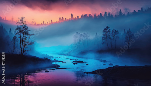 "Mystical River" mesmerizing and minimalist river landscape with a mystical and enchanting mood. River is shrouded in colorful and dense fog, otherworldly atmosphere - a stunning wallpaper background © Kaare