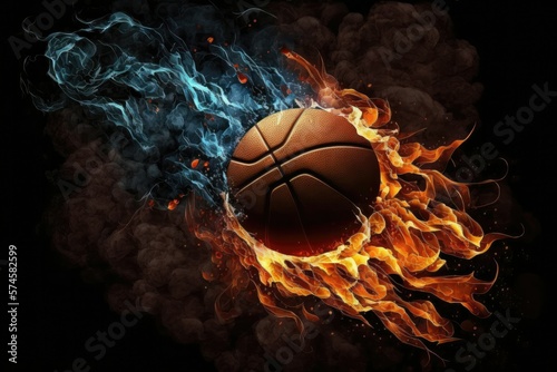 Flaming basketball in mid-air on dark background. Generative AI © Kanisorn