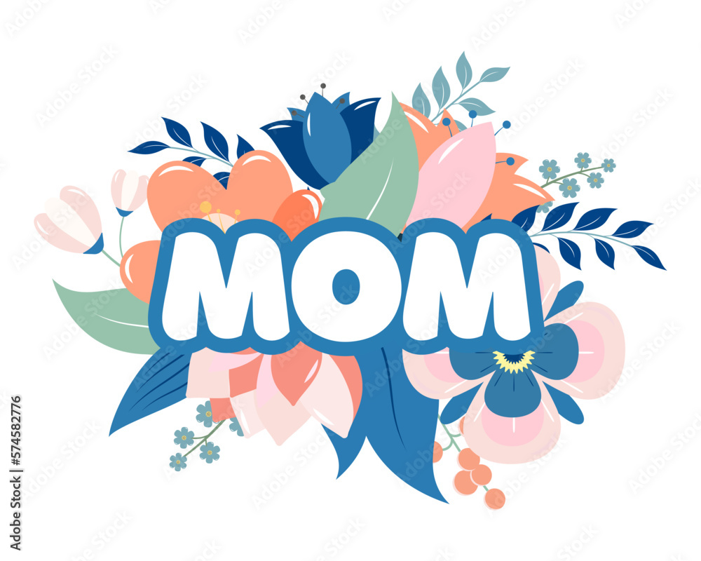 Obraz premium Floral bouquet of flowers in pastel colors with text Mom, greeting card on a white background