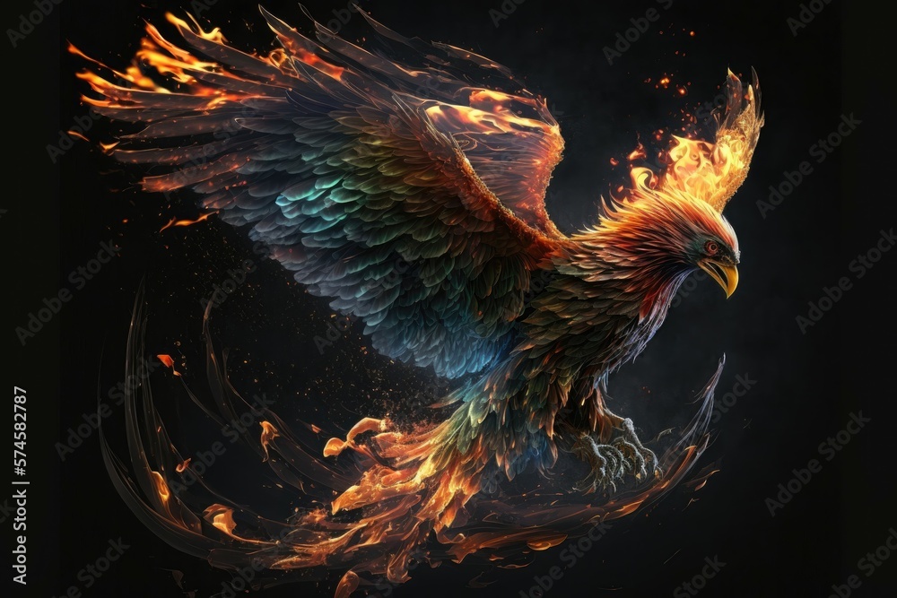 Fototapeta premium Flaming phoenix in mid-air on dark background. Generative AI