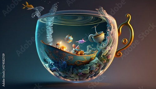 Small glass cup with ocean inside and sunken boat