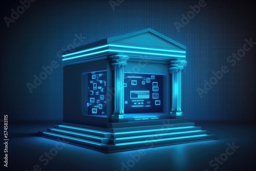 Glowing blue digital bank icon on blue backdrop with mock up place. Online banking and transaction concept. Generative AI