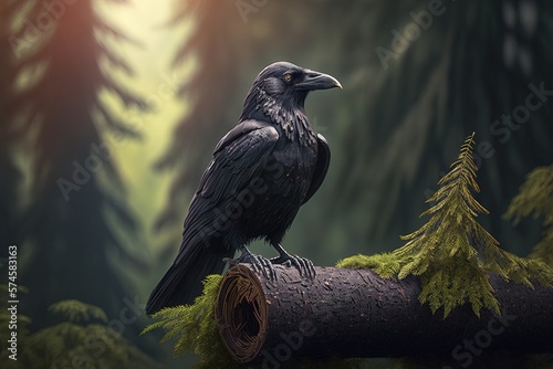 Black crow in the middle of beautiful forest  generative ai