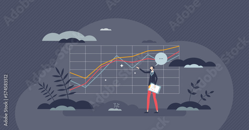 Financial analysis as market value and money calculation tiny person concept. Investment profit and trade progress research for company perspective analysis vector illustration. Stock information.