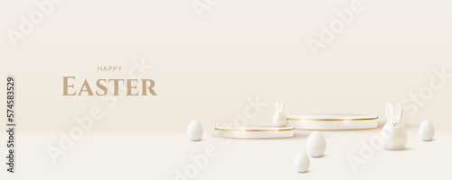 Round podiums with Easter eggs for product demonstration. Happy Easter banner background.