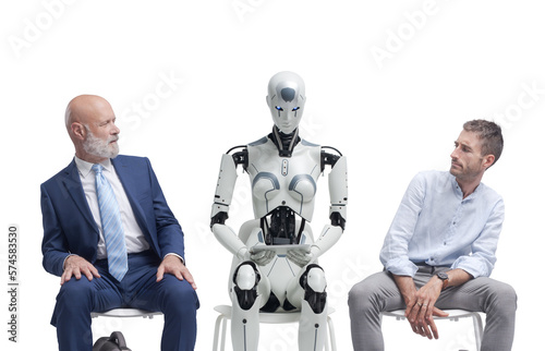 Job applicants staring at the robot candidate and waiting for the job interview