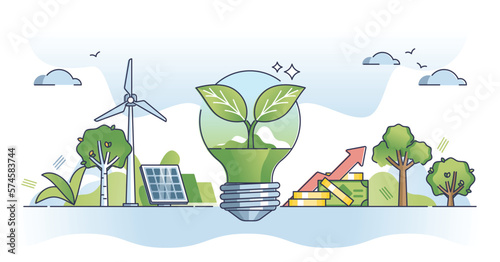 Climate tech startup with nature friendly innovation idea outline concept. New electricity power invention with sustainable and environmental resources usage vector illustration. Green eco investment