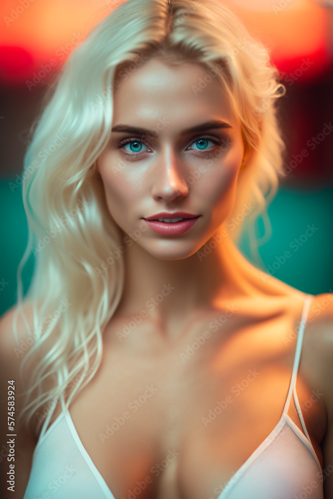 Portrait young blonde attractive woman with green eyes looking at camera - Generative AI