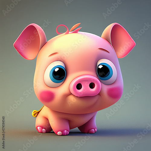 Cute baby pig 3d character. Cartoon pig with big eyes. 3d render illustration. Generative AI art. Farm animals set. 