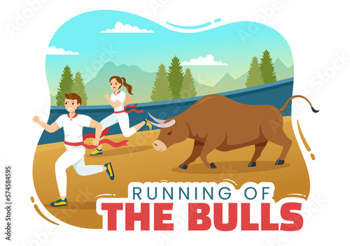 Running of the Bulls Illustration with Bullfighting Show in Arena in Flat Cartoon Hand Drawn for Web Banner or Landing Page Template