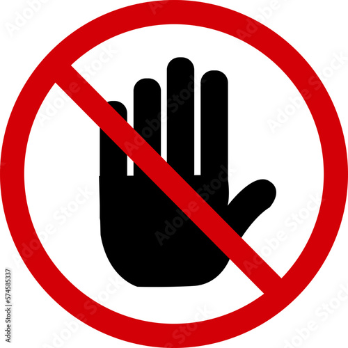 Forbidden sign. Manual ban. Forbidden access. Red circle and black palm. Will stop. No entry sign.
