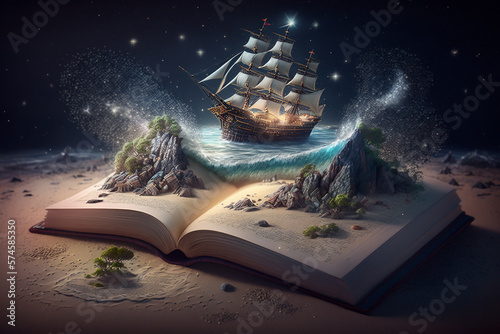 Tableau sur toile Illustration of a magical book that contains fantastic stories - AI generative