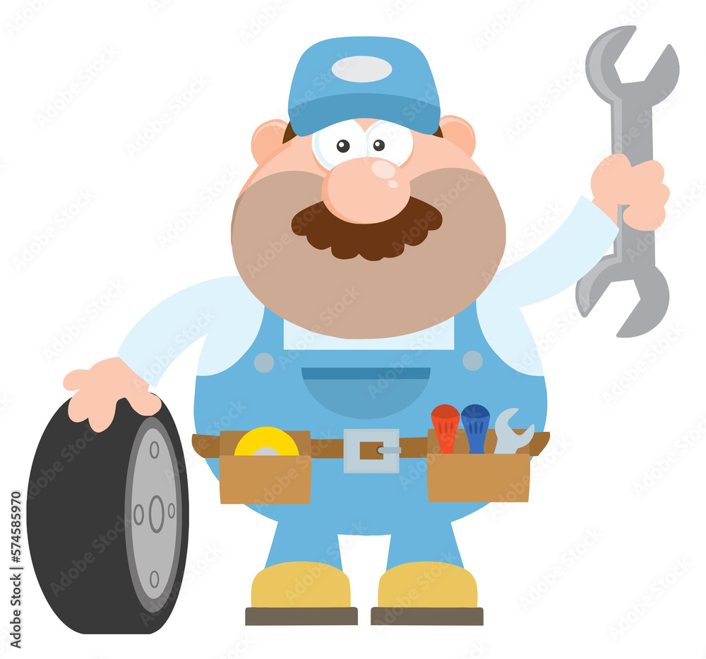 Smiling Mechanic Cartoon Character With Tire And Huge Wrench Flat Style. Hand Drawn Illustration Isolated On Transparent Background
