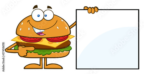 Funny Hamburger Cartoon Character Pointing To A Blank Sign. Hand Drawn Illustration Isolated On Transparent Background