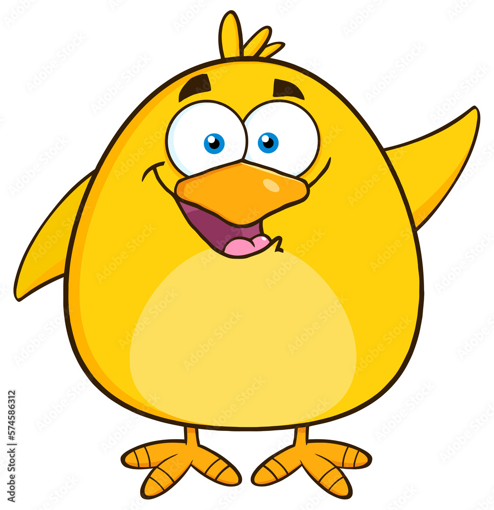 Happy Yellow Chick Cartoon Character Waving. Hand Drawn Illustration Isolated On Transparent Background