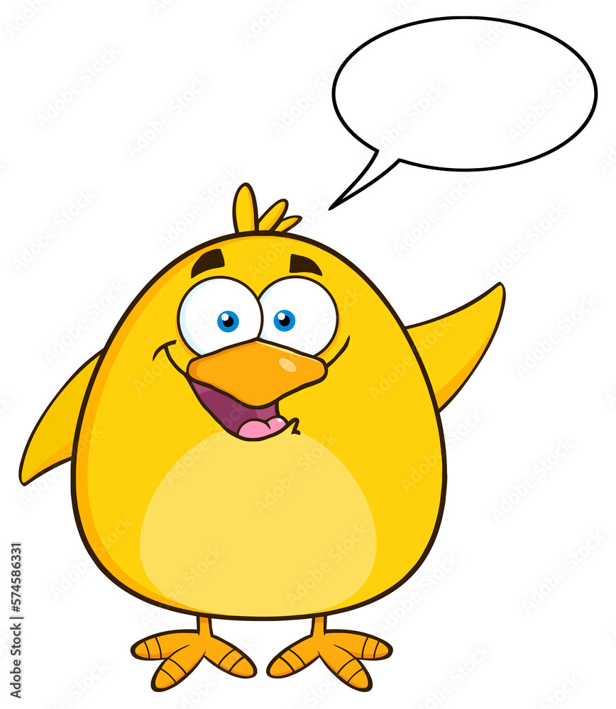 Happy Yellow Chick Cartoon Character Waving With Speech Bubble. Hand Drawn Illustration Isolated On Transparent Background