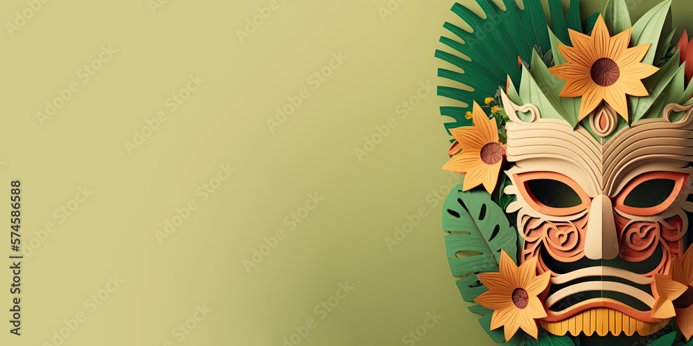 tiki festival background with copy space, ai generative , 3d with papercut style, tiki mask, festival banner, 