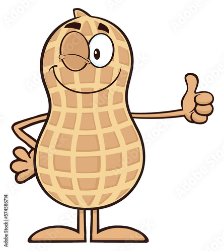 Winking Peanut Cartoon Character Giving A Thumb Up. Hand Drawn Illustration Isolated On Transparent Background