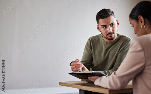 Legal contract, injury or man with lawyer woman planning labor law for insurance, compliance and HR agreement. Mockup, advisor and consulting client for security claim or disability compensation