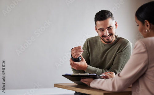 Lawyer woman with man for legal contract success review on documents for insurance, compliance and HR agreement. Mockup, advisor and consulting client for security claim or disability compensation photo