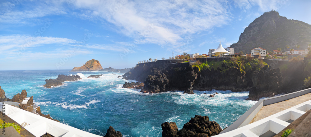 Porto Moniz Natural Swimming Pools, Madeira Portugal panorama.