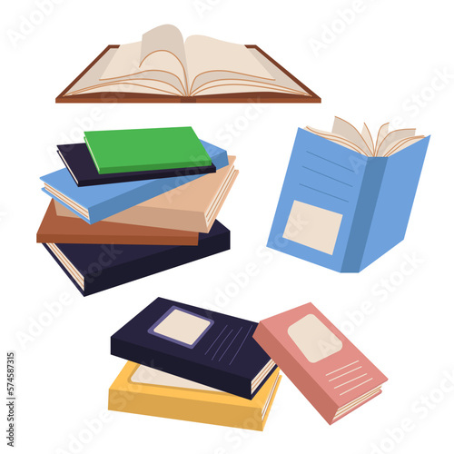 Stacks of books to read, a bunch of textbooks to study. A set of literature, dictionaries, encyclopedias, planners. Color flat vector illustration isolated on a white background