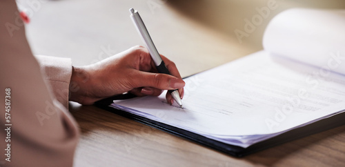 Legal, hands and contract sign with woman planning on documents for partnership, b2b and agreement. Lawyer, financial advisor and paperwork signature for compliance, deal review or insurance policy photo