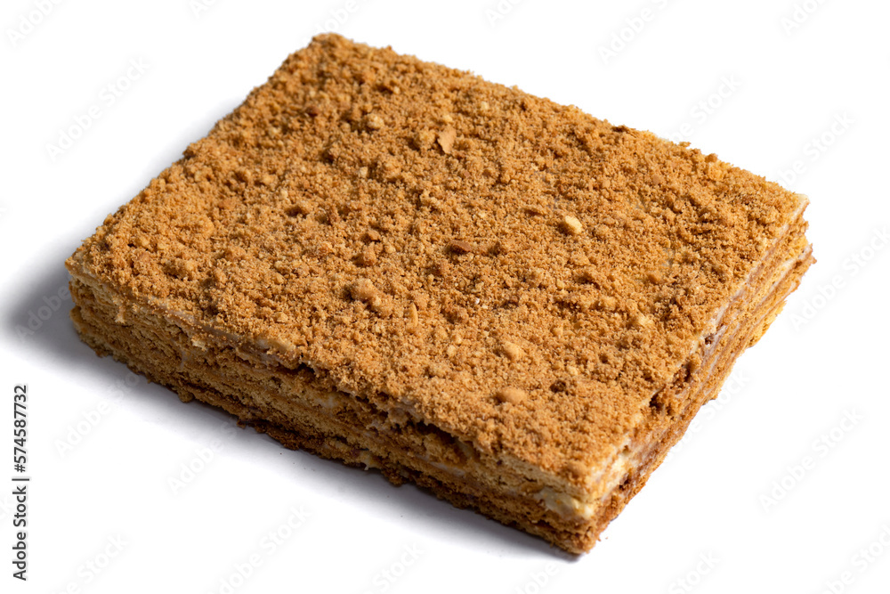cake Medovik on white background. Close up view cake Medovik on white background. Close up view