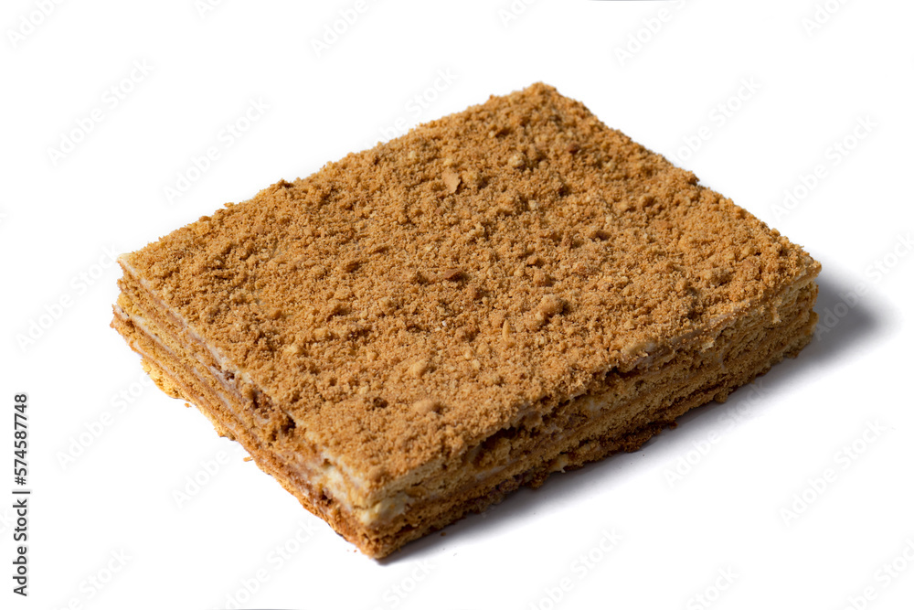 cake Medovik on white background. Close up view cake Medovik on white background. Close up view