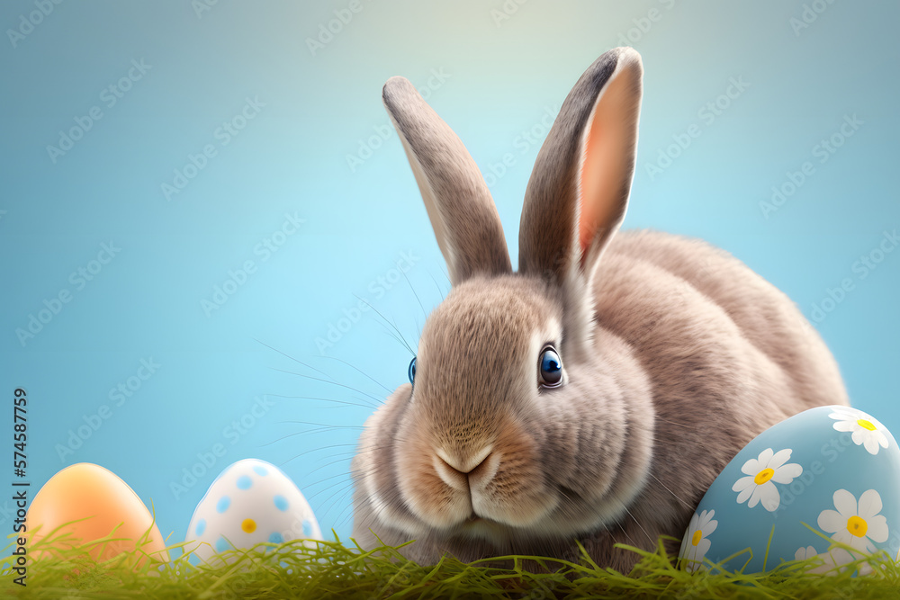 Easter Rabbit on Light Blue Background. Generative AI Easter Rabbit on Light Blue Background. Generative AI