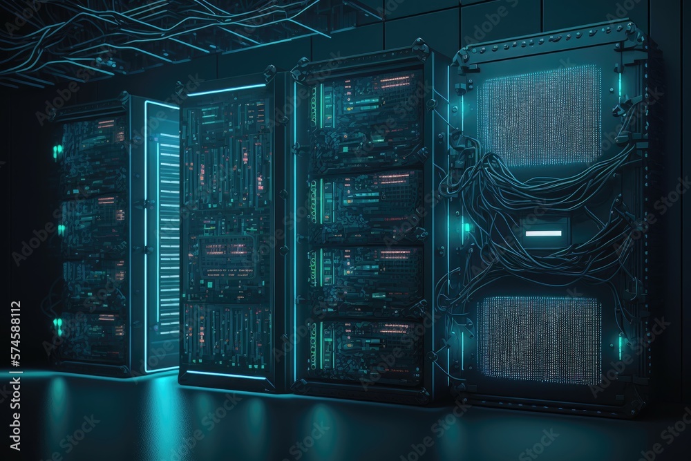 Network security server room data center computer racks for mining cryptocurrency. Generative AI