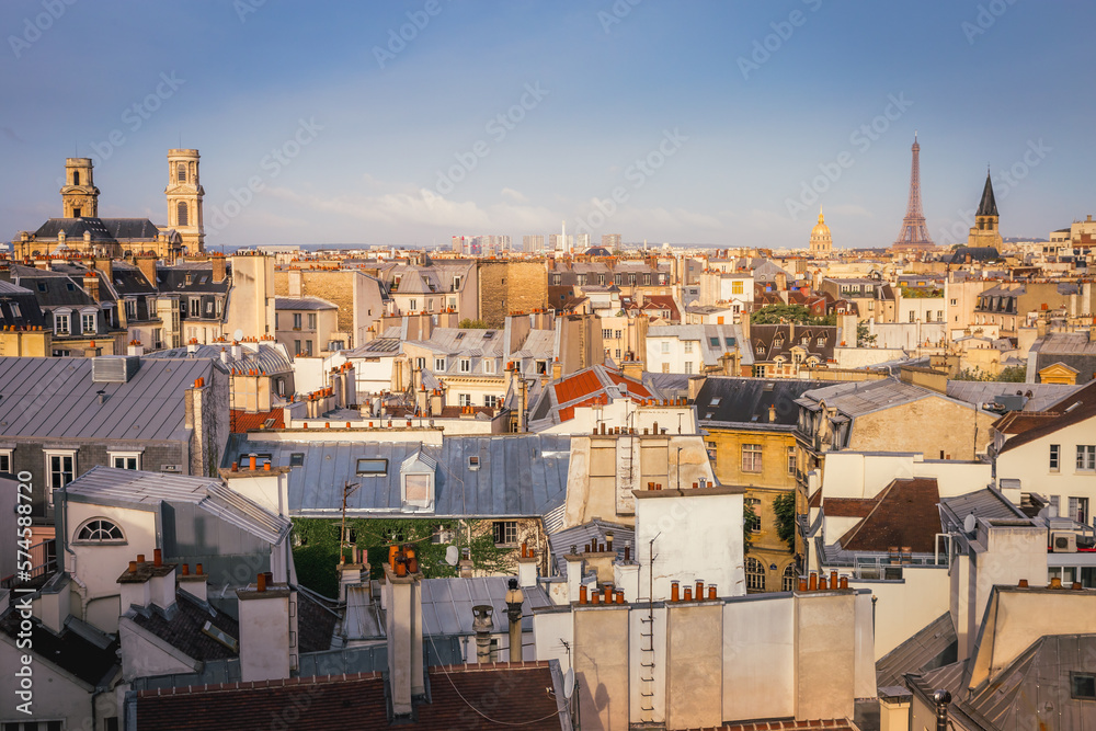 Saint-Germain-des-Pres and french roofs from above at sunrise, Paris, France
